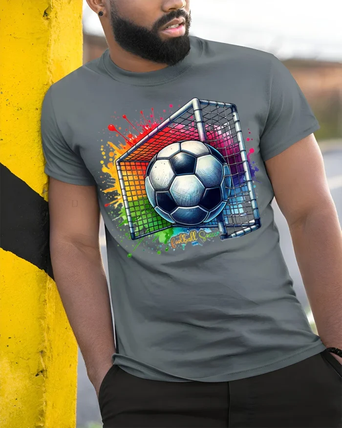 Colorful Soccer Goal Graphic T-Shirt for Fans - model in grey shirt leaning against column
