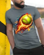 Flaming Softball Splash Art Sports Graphic T-Shirt - model in grey shirt leaning against column
