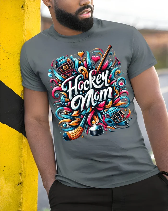 Colorful Hockey Mom Sports Graphic Print T-Shirt - model in grey shirt leaning against column