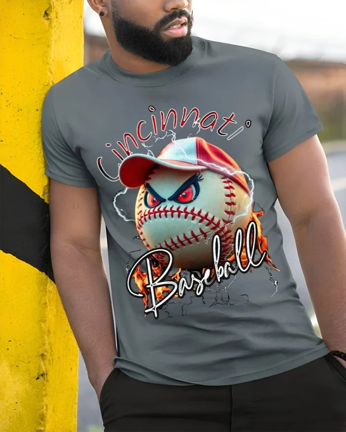 Cincinnati Baseball Angry Ball Graphic T-Shirt - model in grey shirt leaning against column