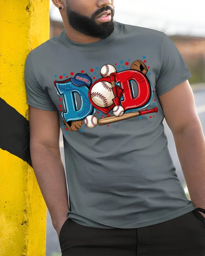 Baseball Dad Sports Glove and Bat Graphic T-Shirt - model in grey shirt leaning against column