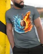 Fire and Water Football Splash Art Graphic T-Shirt - model in grey shirt leaning against column