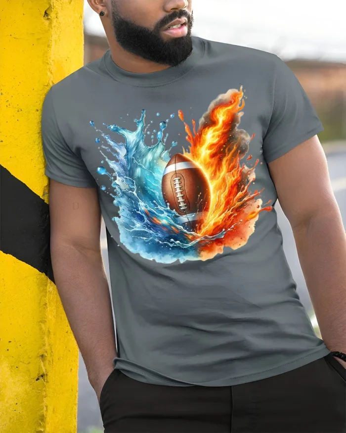 Fire and Water Football Splash Art Graphic T-Shirt - model in grey shirt leaning against column