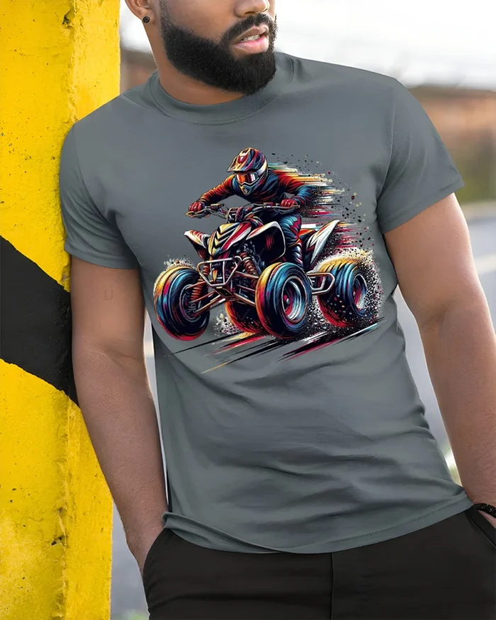Extreme ATV Rider Off Road Racing Graphic T-Shirt - model in grey shirt leaning against column