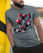 Skeleton Hockey Player Red Uniform Graphic T-Shirt - model in grey shirt leaning against column