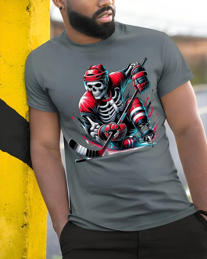Skeleton Hockey Player Red Uniform Graphic T-Shirt - model in grey shirt leaning against column