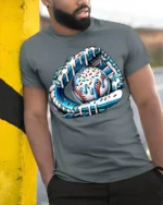 Ice Cream Baseball Glove and Ball Funny T-Shirt - model in grey shirt leaning against column