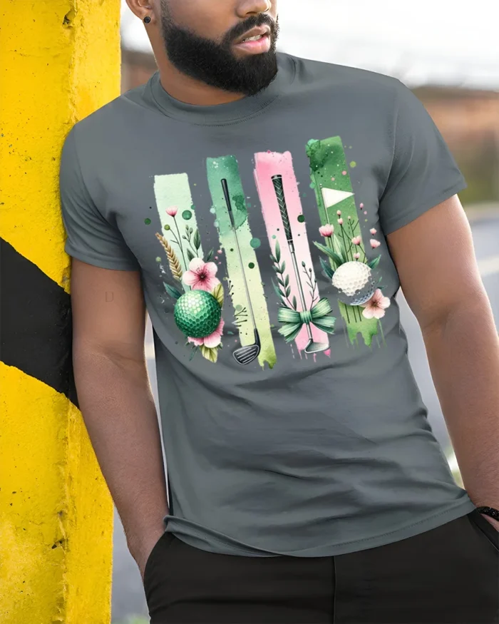 Floral Golf Ball and Club Art Graphic T-Shirt - model in grey shirt leaning against column