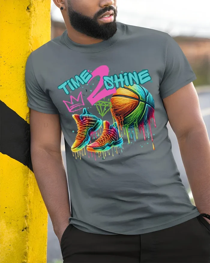 Colorful Basketball Shoes and Ball Graphic T-Shirt - model in grey shirt leaning against column