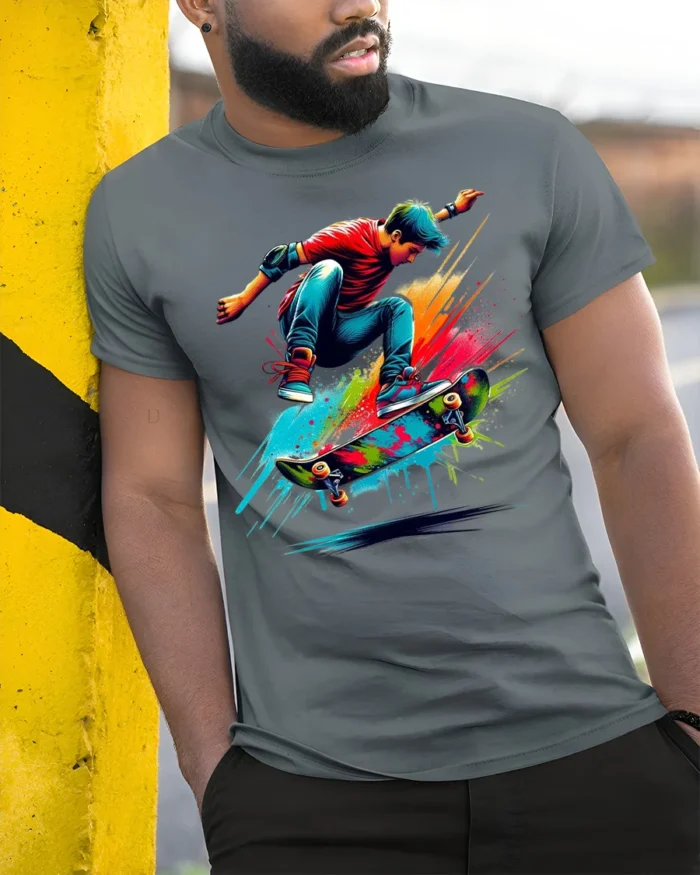 Colorful Skateboard Trick Splash Art Graphic T-Shirt - model in grey shirt leaning against column