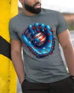 Patriotic Baseball Glove and Ball Graphic T-Shirt - model in grey shirt leaning against column