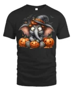 Cute Elephant Witch Halloween Pumpkin T-shirt - black t-shirt on white background
