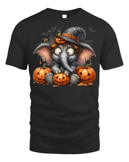 Cute Elephant Witch Halloween Pumpkin T-shirt - black t-shirt on white background