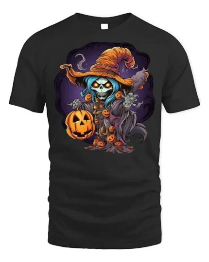 Spooky Witch Pumpkin Halloween Graphic T-Shirt - black t-shirt on white background