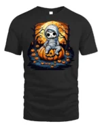 Spooky Cute Mummy Pumpkin Halloween T-shirt - black t-shirt on white background