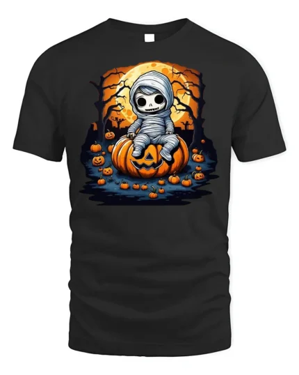 Spooky Cute Mummy Pumpkin Halloween T-shirt - black t-shirt on white background
