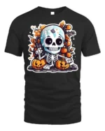 Cute Skeleton Pumpkin Fall Halloween T-shirt - black t-shirt on white background