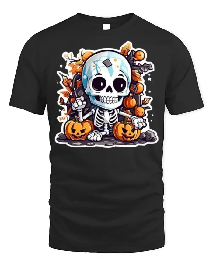 Cute Skeleton Pumpkin Fall Halloween T-shirt - black t-shirt on white background