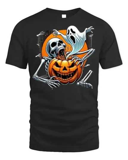 Scary Skeleton Pumpkin Ghost Halloween T-shirt - black t-shirt on white background