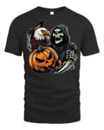 Grim Reaper Eagle Pumpkin Halloween T-shirt - black t-shirt on white background
