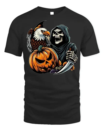 Grim Reaper Eagle Pumpkin Halloween T-shirt - black t-shirt on white background