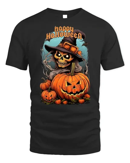 Witch Skull Pumpkin Happy Halloween T-shirt - black t-shirt on white background
