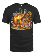 Pumpkin House Halloween Fall Cottage T-shirt - black t-shirt on white background
