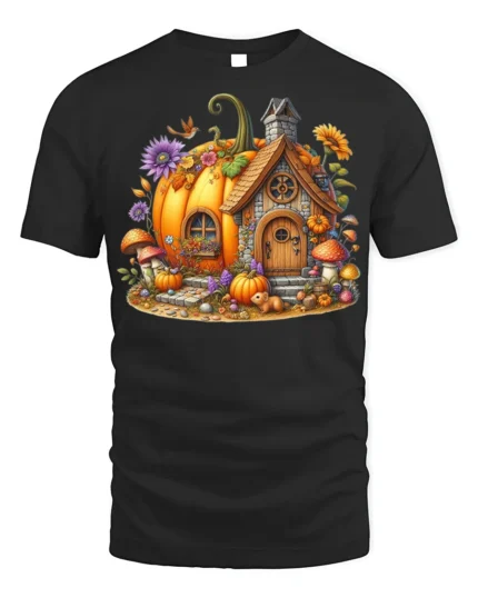 Pumpkin House Halloween Fall Cottage T-shirt - black t-shirt on white background