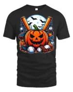 Halloween Pumpkin Baseball Spooky Game T-shirt - black t-shirt on white background