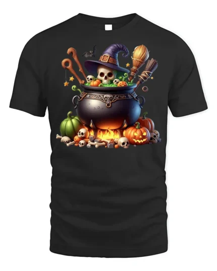 Witch Cauldron Skull Pumpkin Halloween T-shirt - black t-shirt on white background