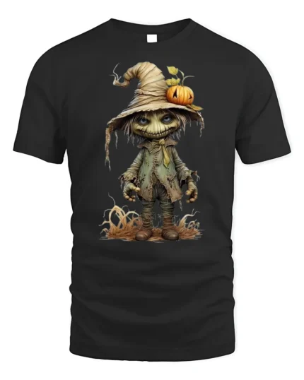 Creepy Scarecrow Pumpkin Halloween T-shirt - black t-shirt on white background