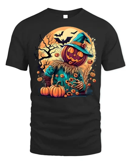 Pumpkin Head Scarecrow Halloween Graphic T-Shirt - black t-shirt on white background