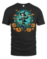 Skeleton Witch Pumpkin Halloween Graphic T-Shirt - black t-shirt on white background