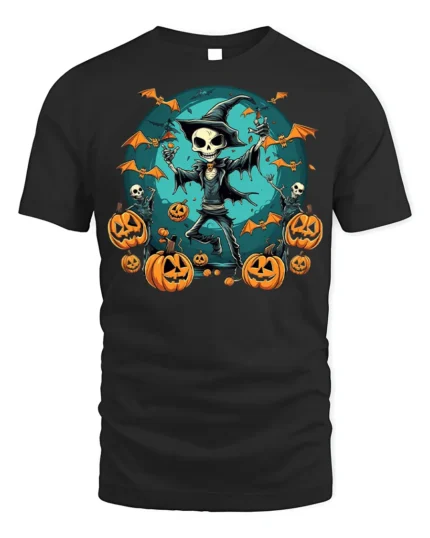 Skeleton Witch Pumpkin Halloween Graphic T-Shirt - black t-shirt on white background