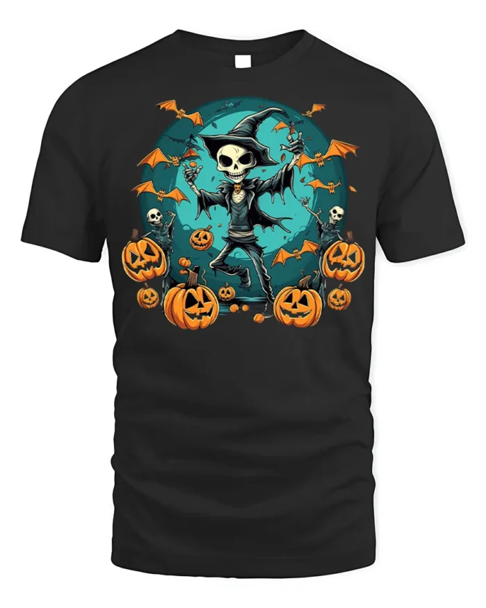 Skeleton Witch Pumpkin Halloween Graphic T-Shirt - black t-shirt on white background