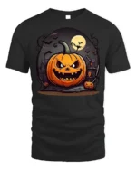 Evil Pumpkin Haunted House Halloween T-Shirt - black t-shirt on white background