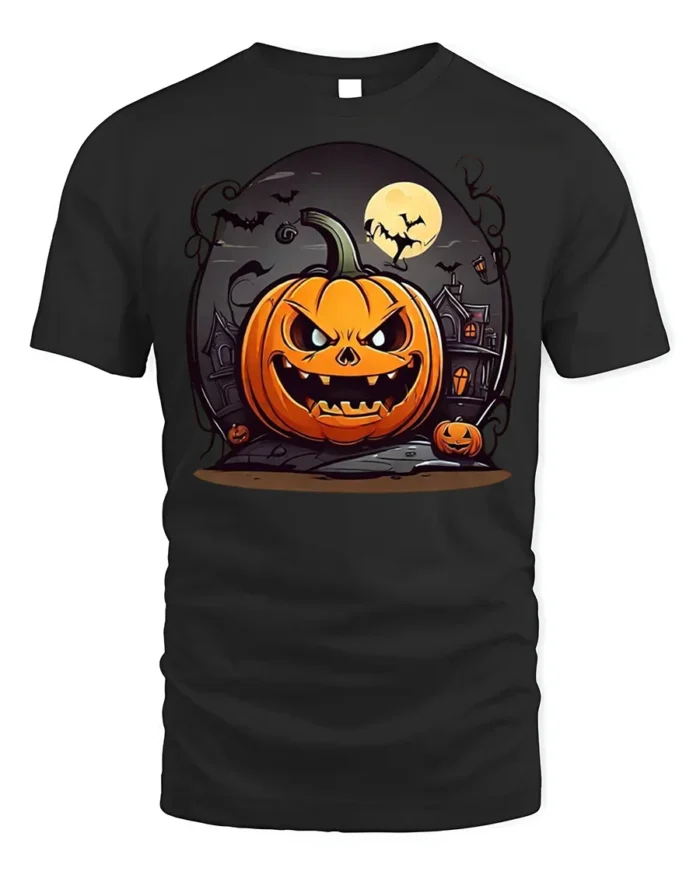 Evil Pumpkin Haunted House Halloween T-Shirt - black t-shirt on white background