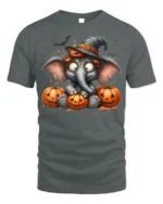 Cute Elephant Witch Halloween Pumpkin T-shirt - gray t-shirt on white background