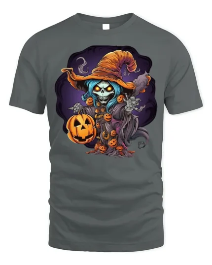 Spooky Witch Pumpkin Halloween Graphic T-Shirt - gray t-shirt on white background