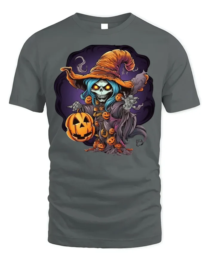 Spooky Witch Pumpkin Halloween Graphic T-Shirt - gray t-shirt on white background