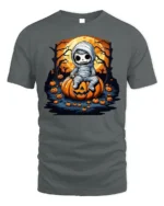 Spooky Cute Mummy Pumpkin Halloween T-shirt - gray t-shirt on white background