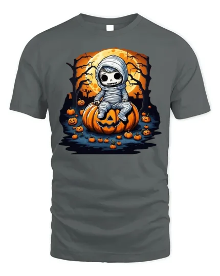 Spooky Cute Mummy Pumpkin Halloween T-shirt - gray t-shirt on white background