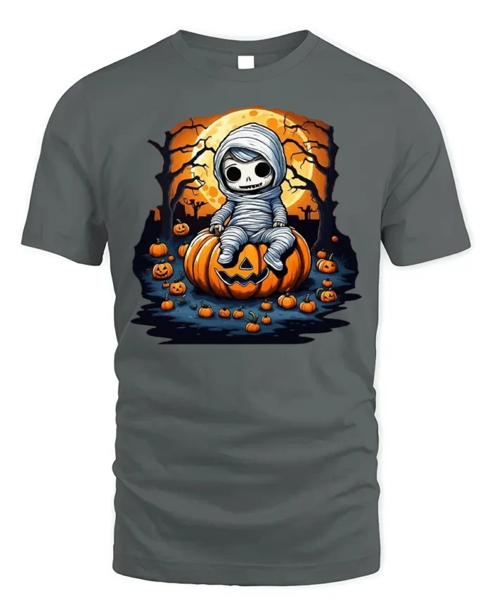 Spooky Cute Mummy Pumpkin Halloween T-shirt - gray t-shirt on white background