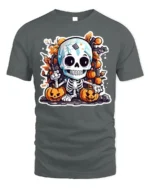 Cute Skeleton Pumpkin Fall Halloween T-shirt - gray t-shirt on white background
