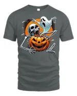 Scary Skeleton Pumpkin Ghost Halloween T-shirt - gray t-shirt on white background