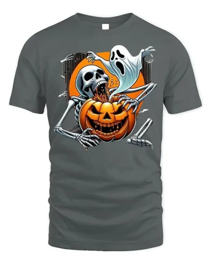 Scary Skeleton Pumpkin Ghost Halloween T-shirt - gray t-shirt on white background