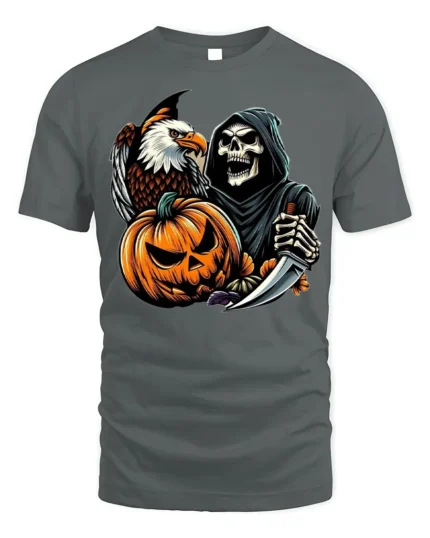 Grim Reaper Eagle Pumpkin Halloween T-shirt - gray t-shirt on white background