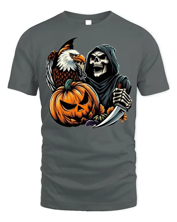 Grim Reaper Eagle Pumpkin Halloween T-shirt - gray t-shirt on white background
