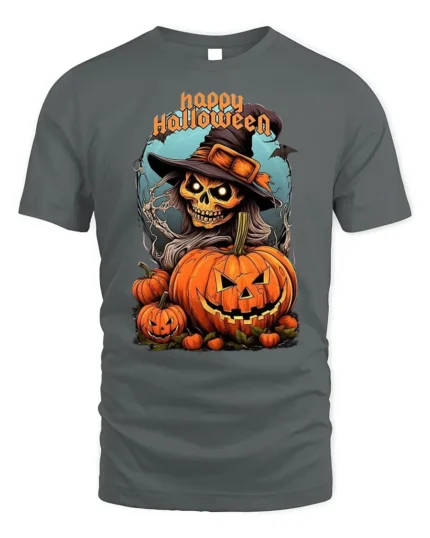 Witch Skull Pumpkin Happy Halloween T-shirt - gray t-shirt on white background