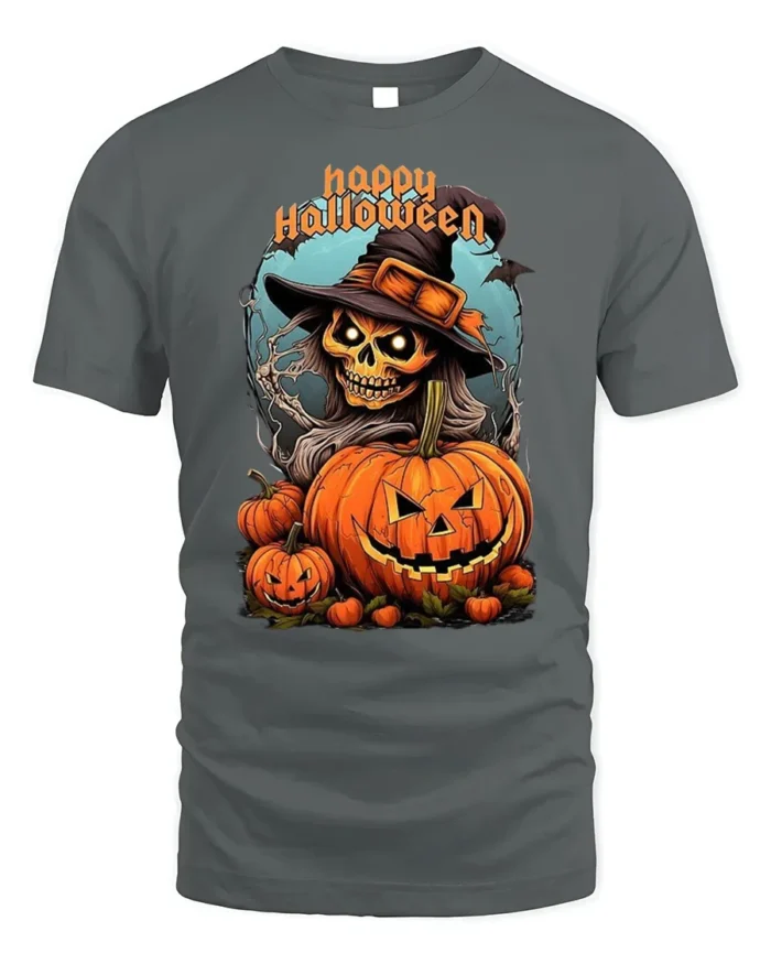 Witch Skull Pumpkin Happy Halloween T-shirt - gray t-shirt on white background